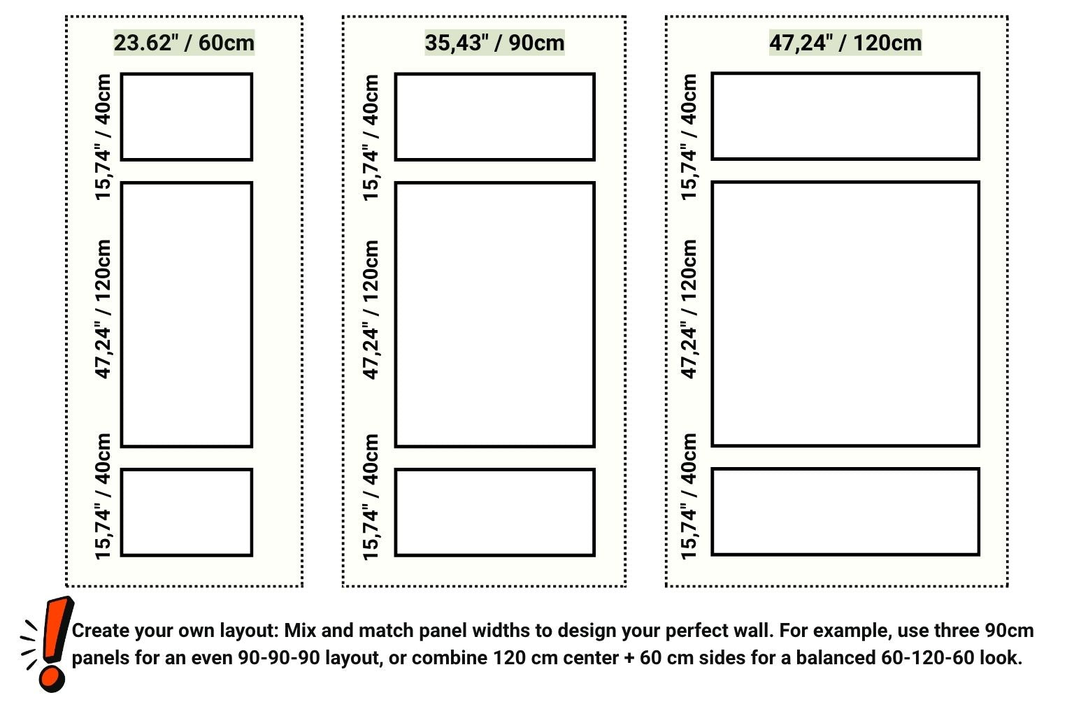 Modular wall molding combination layout with 60 cm (23.6”), 90 cm (35.4”), and 120 cm (47.2”) panel width options for custom interior design configurations
