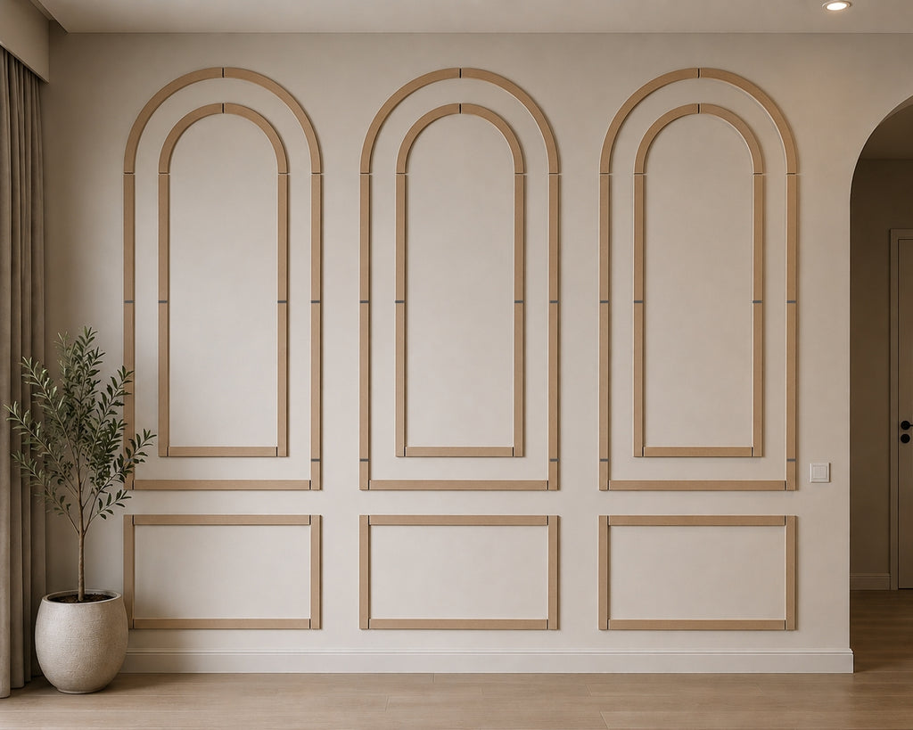 Decorative wall paneling with arch-shaped frames on a neutral wall.