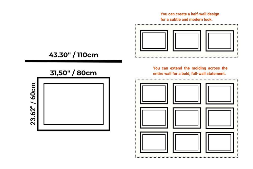 Diagram showing wall design options with measurements and layout suggestions. Nested frame wall molding panel dimensions and layout example