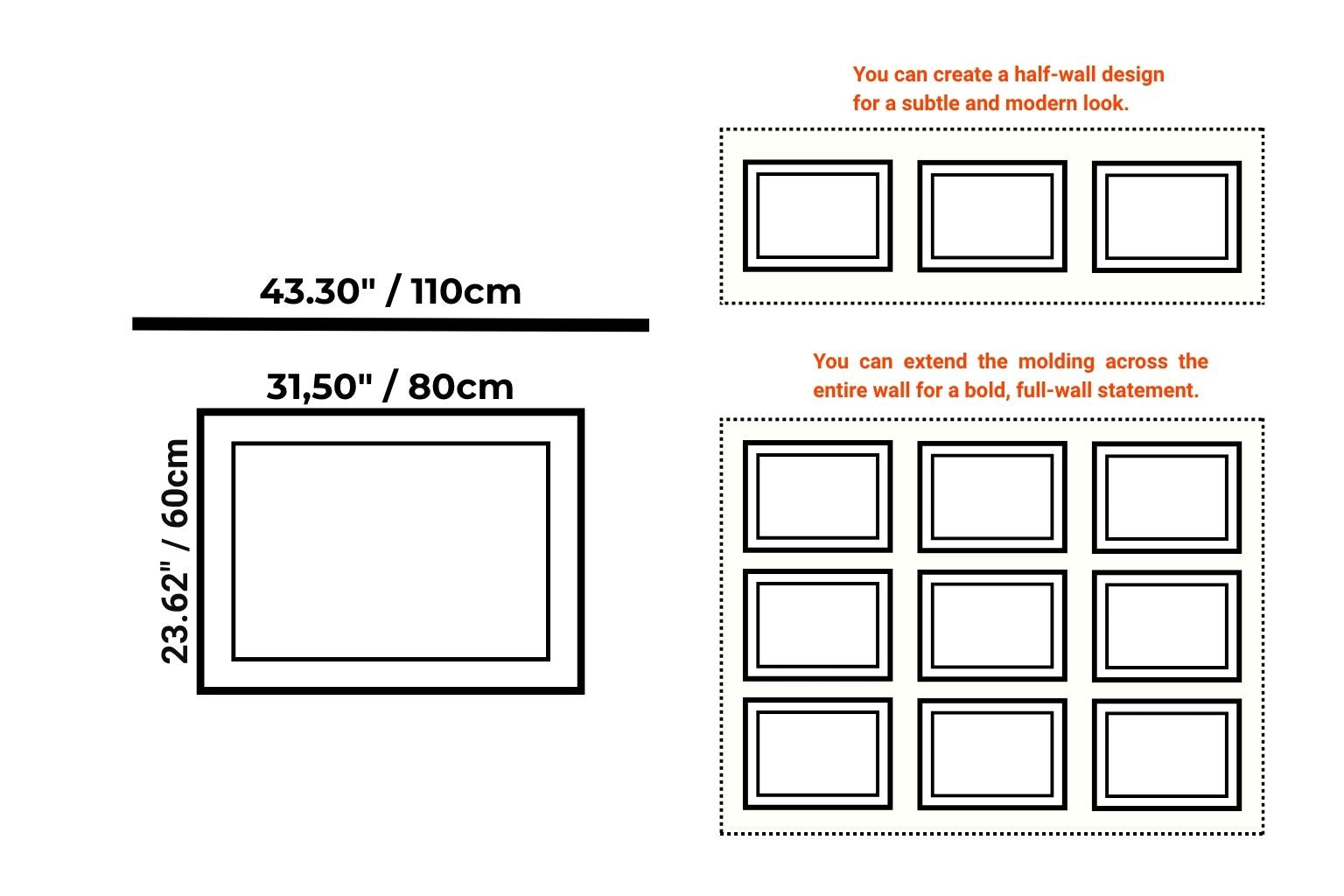 Diagram showing wall design options with measurements and layout suggestions. Nested frame wall molding panel dimensions and layout example