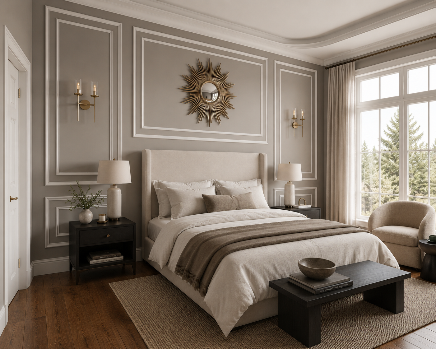 Self-adhesive nested picture frame molding and wainscoting trim kit for easy DIY home decor-Luxurious bedroom with beige walls, a large bed, and decorative elements.