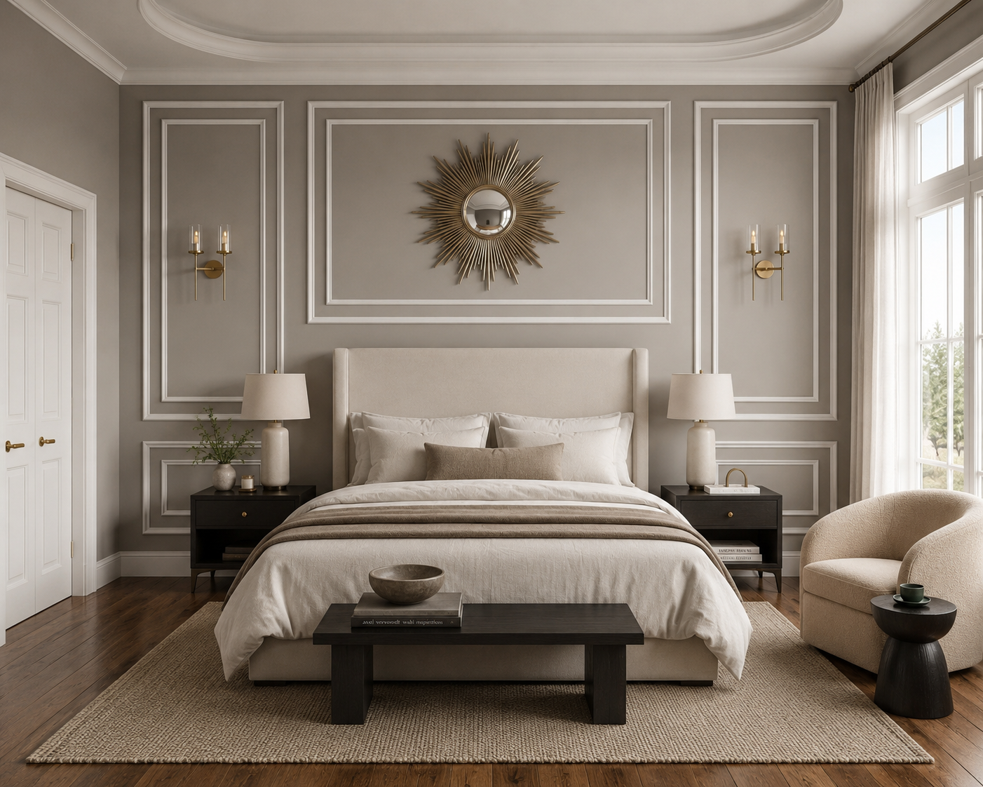 Peel and stick nested wall molding kit with double frame design for bedroom accent wall-Modern bedroom with gray walls, a bed, and decorative elements.