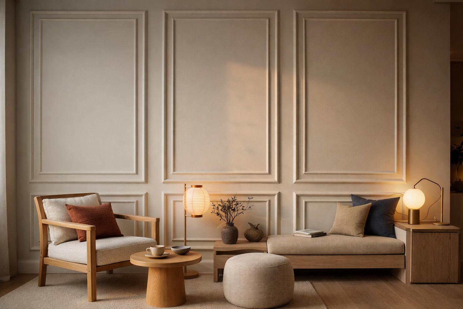 Modern living room with nested frame wall molding, wooden furniture, and decorative elements.