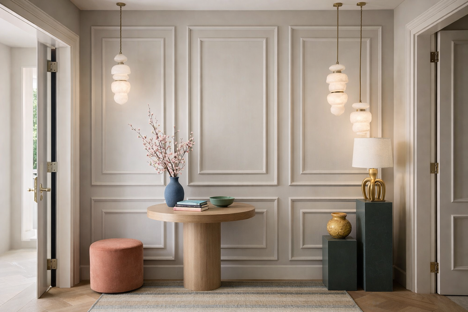 Nested frame wall panel molding kit -decorative interior with wainscoting, a painting, and a vase on a table.- Dining room with wooden table, chairs, and decorative elements against a gray paneled wall.