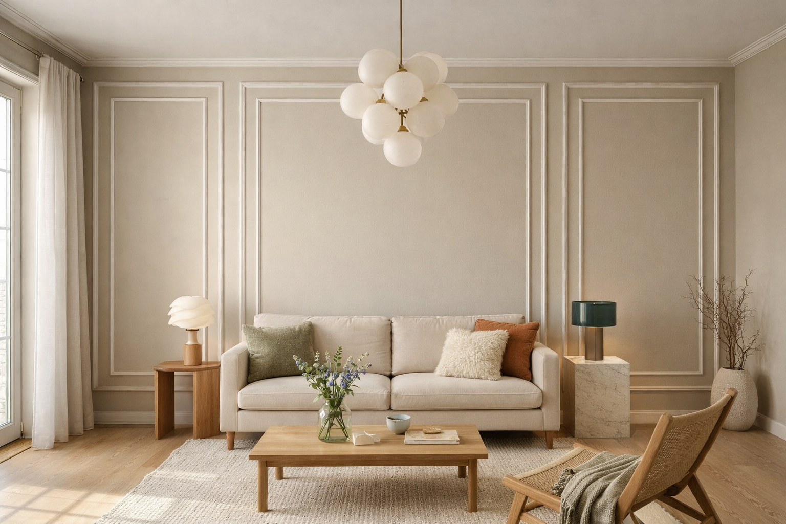 Three panel nested frame wall molding kit for modern dining room with a table, chairs, and decorative elements.-Dining room with wooden table, chairs, and decor elements.
