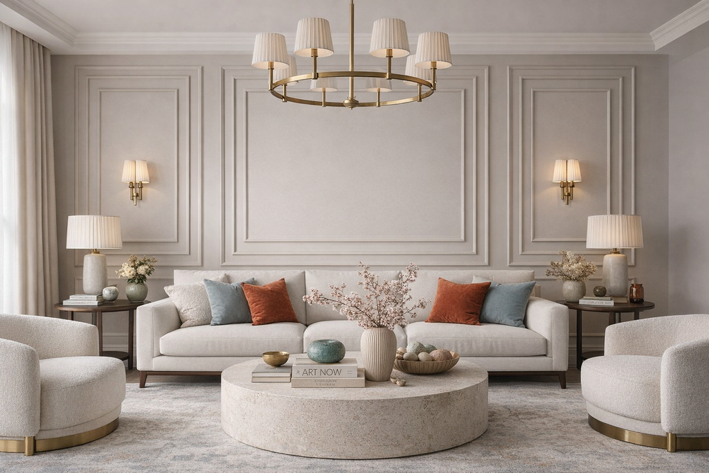 Nested triple wall molding design for a modern living room with a beige sofa, round coffee table, and decorative elements.
