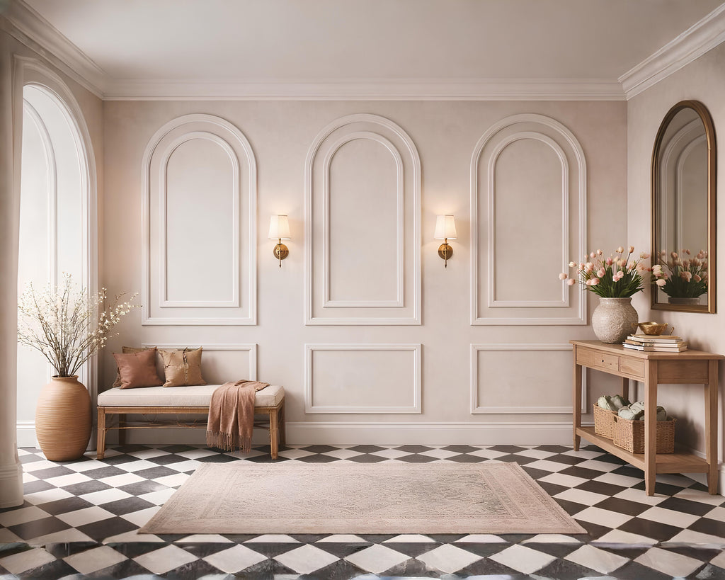 Decorative interior with a bench, mirror, floral arrangements, and an arched wall design on the wall