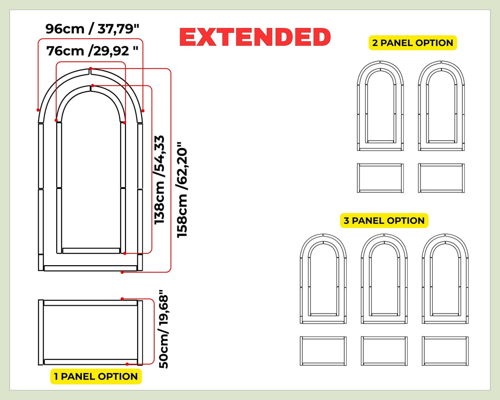 Diagram showing dimensions and panel options for an extended door design.
