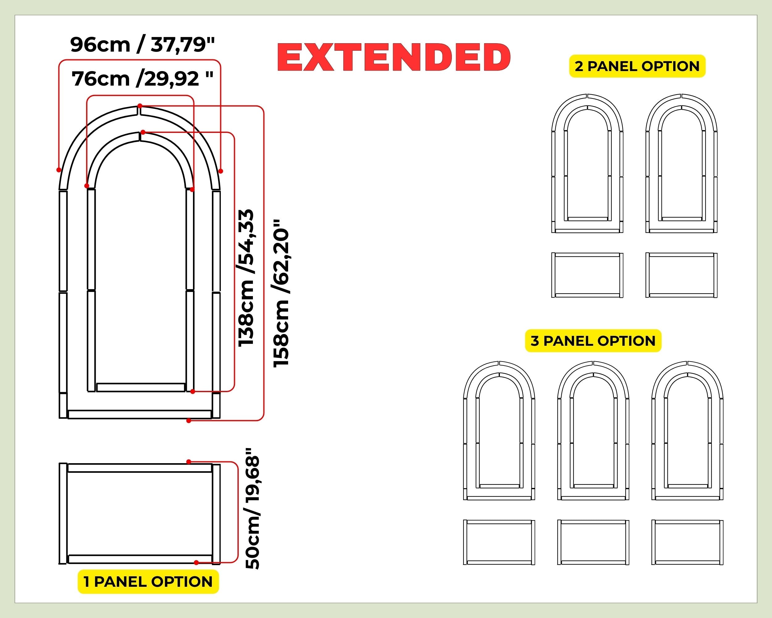 Diagram showing dimensions and panel options for an extended door design.
