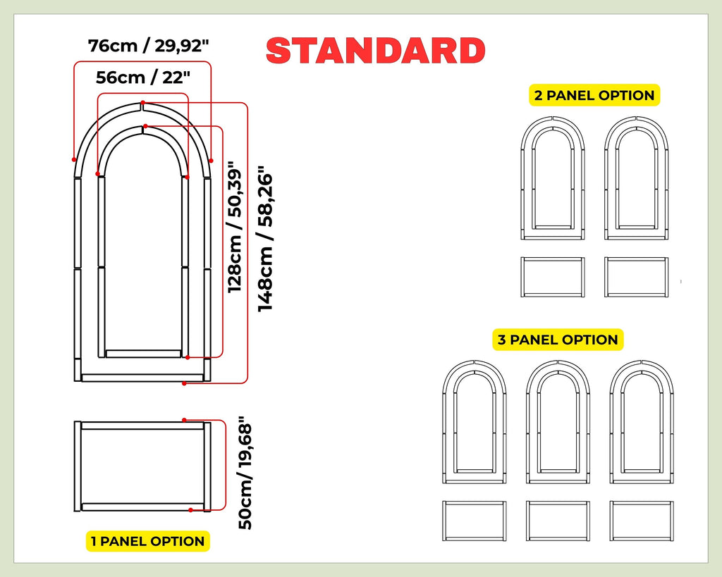 Diagram showing standard panel options with measurements on a beige background