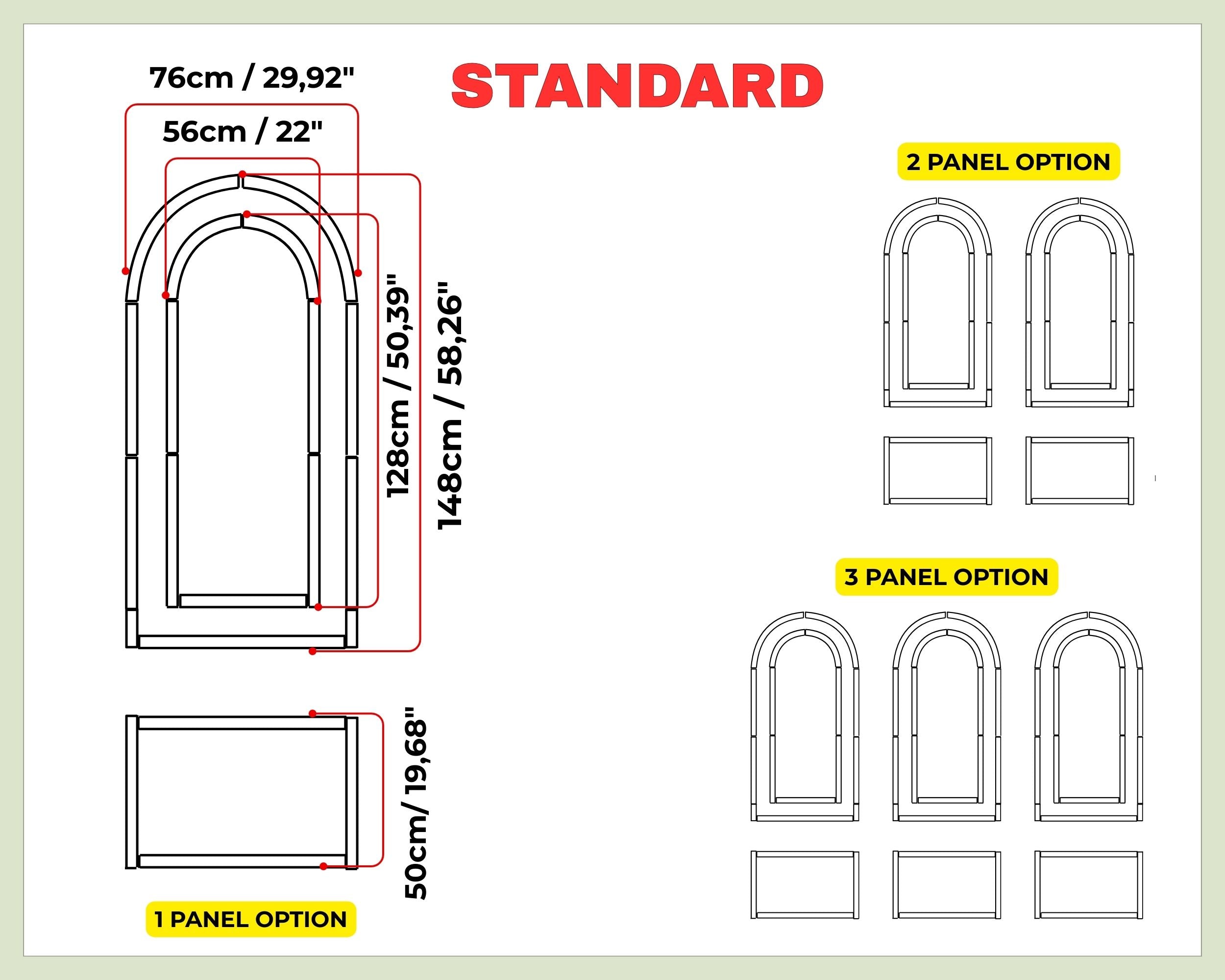 Diagram showing standard panel options with measurements on a beige background