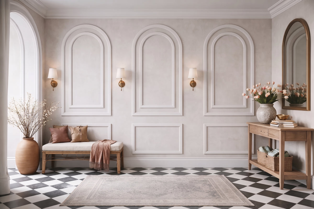 A styled interior entryway with a bench, wall sconces, a console table, mirror, and black-and-white checkered floor. No person or animal is present, and the scene appears to be a real room rather than a clean isolated product shot, so this fits Lifestyle rather than Product/Packaging.