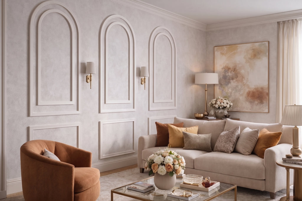 A styled living room interior featuring a light beige sofa with mustard and taupe pillows, a rust-colored velvet armchair, a glass coffee table with flowers, and a large abstract painting on a wall with decorative molding.