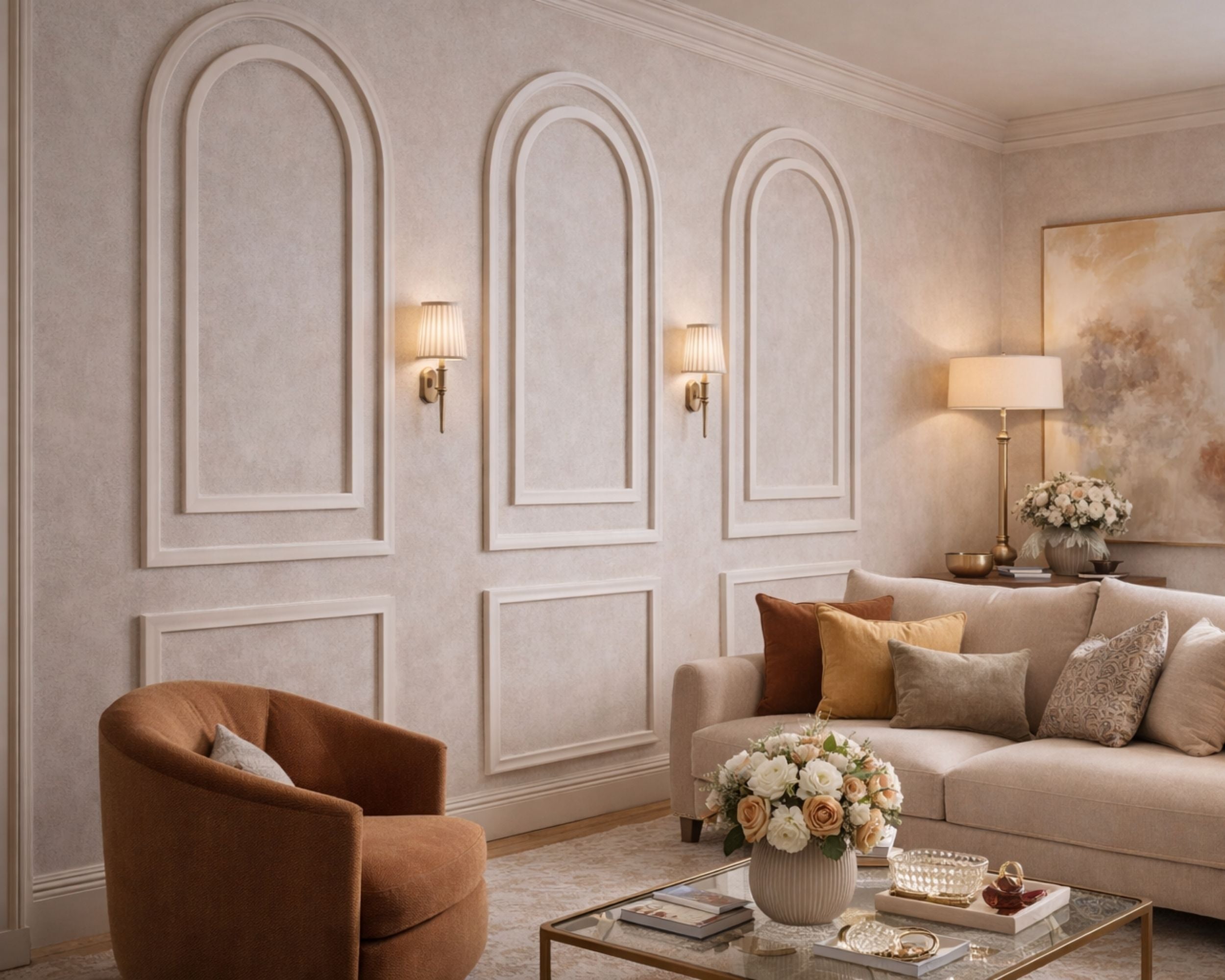 Luxurious living room with beige sofa, armchair, and decorative elements.