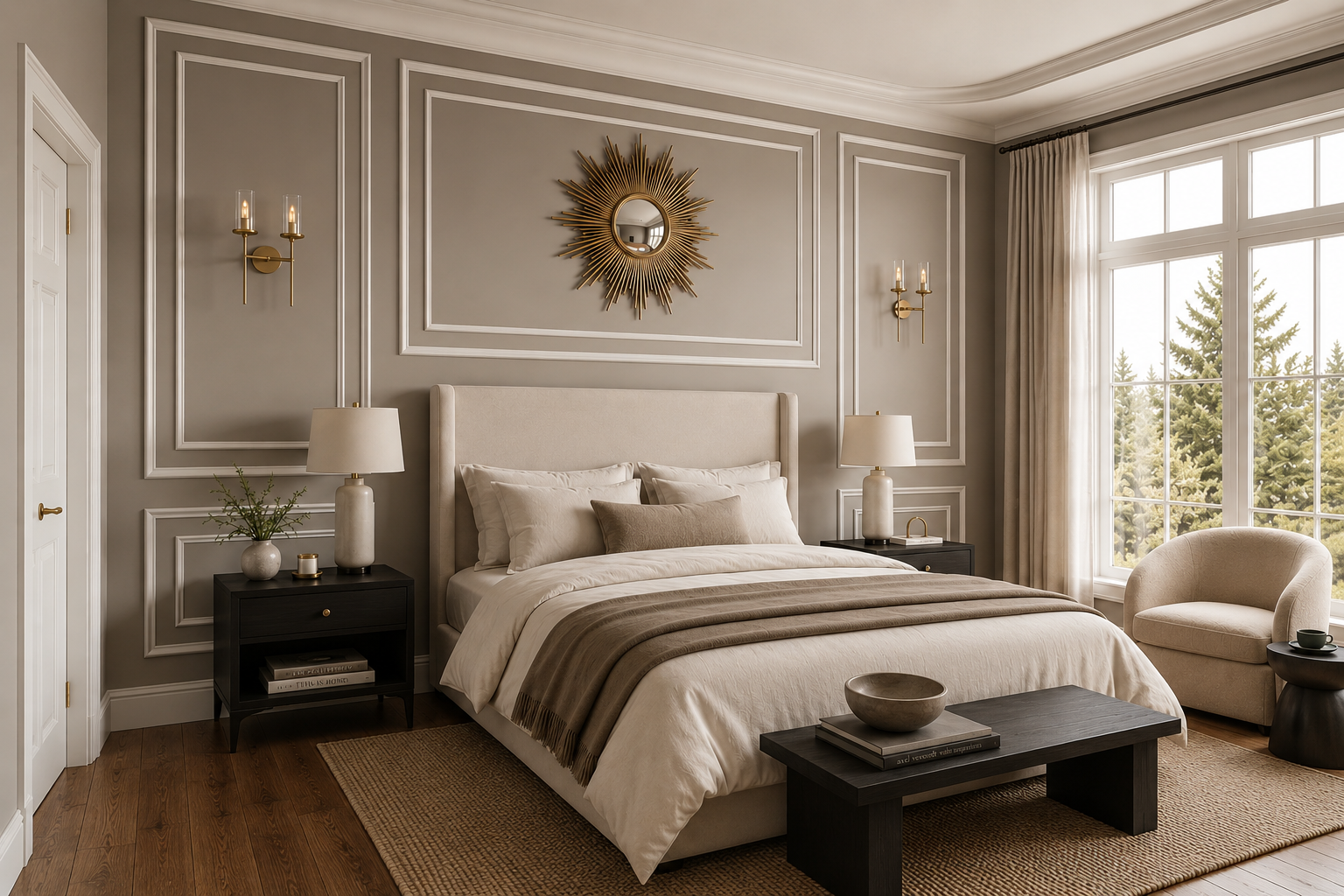 A styled bedroom interior featuring a bed dressed in cream and taupe bedding, flanked by dark nightstands with lamps, set against gray paneled walls with a gold sunburst mirror. A window with sheer drapes, a beige armchair, and a low dark wood bench with a bowl are visible in the room.