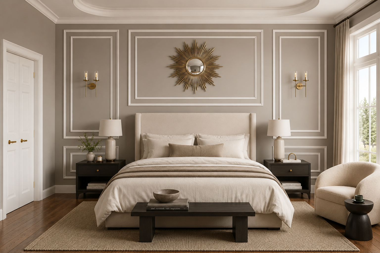 A beautifully styled bedroom featuring a beige upholstered bed centered against a gray paneled wall with a gold sunburst mirror. The room includes matching bedside tables, lamps, a cream armchair, a low dark wood bench, and a light rug on a hardwood floor.