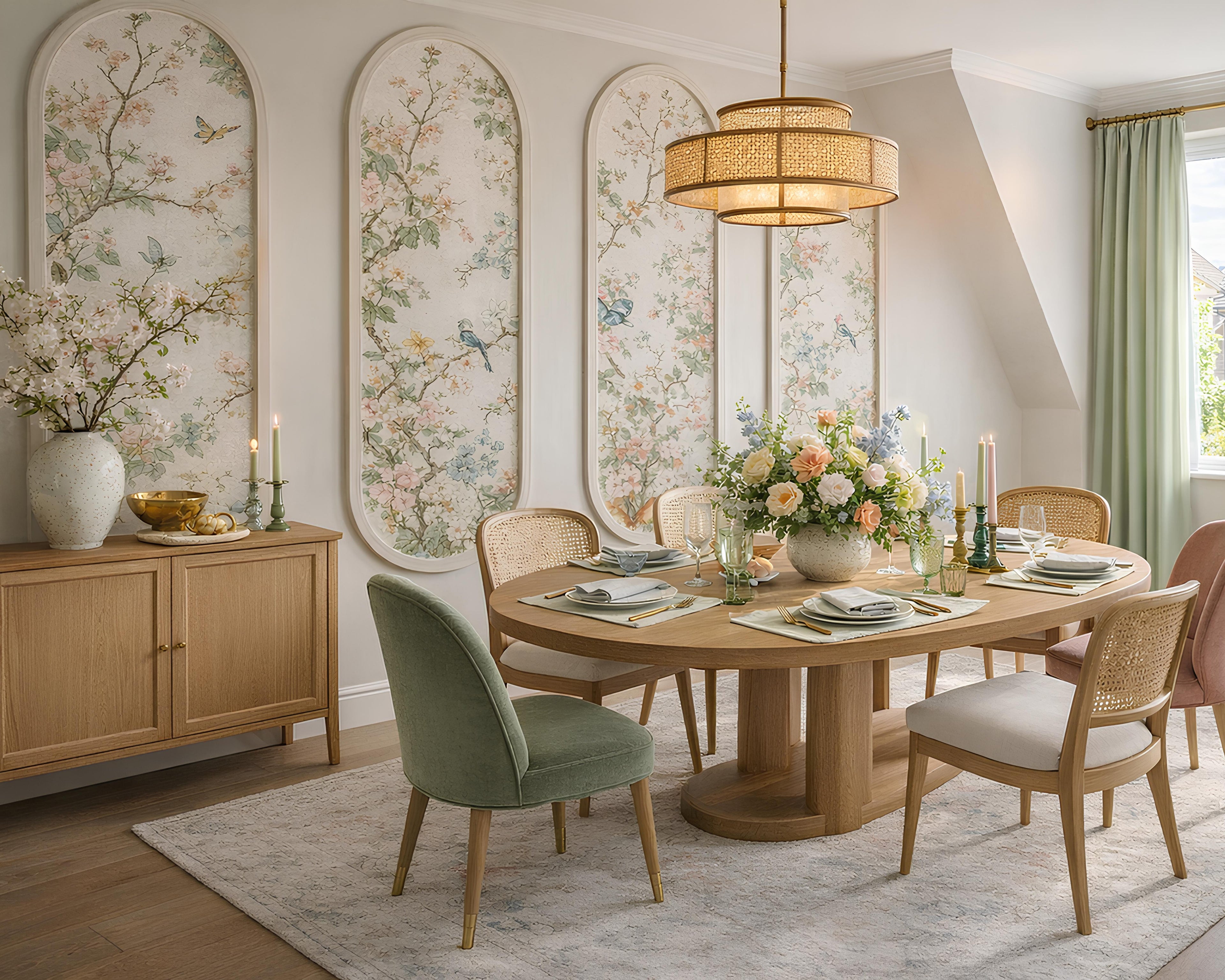 Dining room with a round wooden table, chairs, and floral decorations with an oval MDF wall panel.