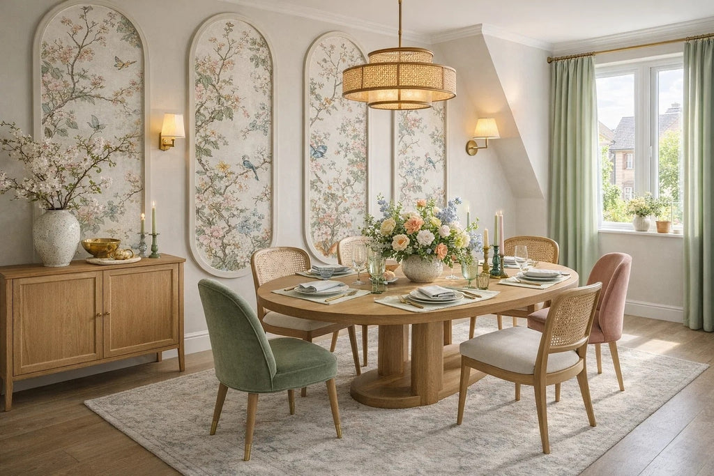 oval-wall-molding-kits-arched-wall-panel with floral wallpaper for dining room