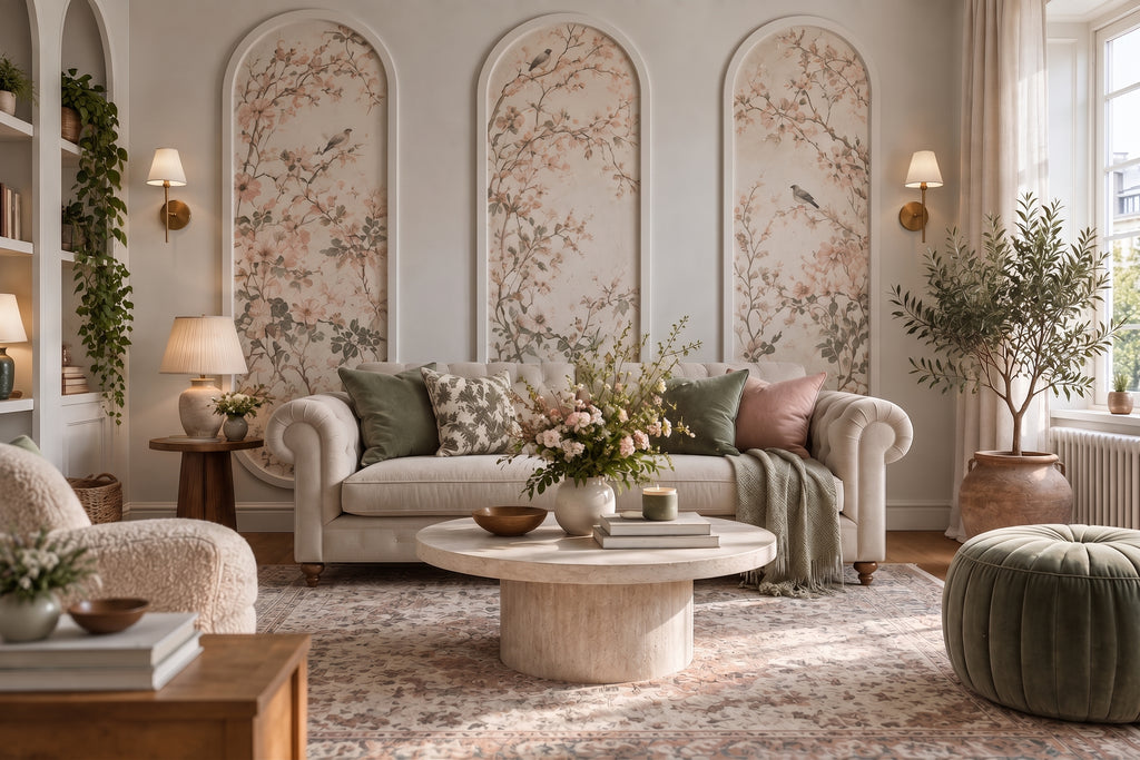 A beautifully styled living room featuring a cream-colored sofa with green and pink accent pillows, a round stone coffee table, and three large arched floral wall panels behind it.
