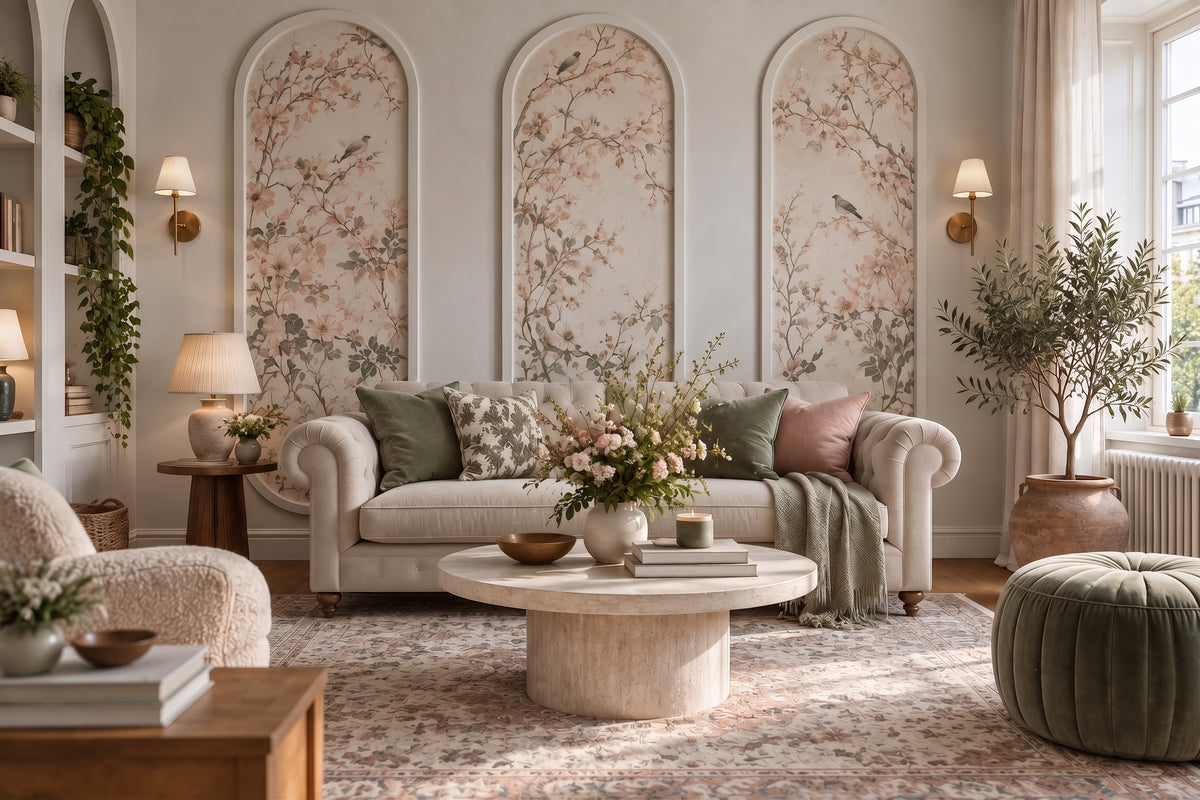 A beautifully styled living room featuring a cream-colored sofa with green and pink accent pillows, a round stone coffee table, and three large arched floral wall panels behind it.