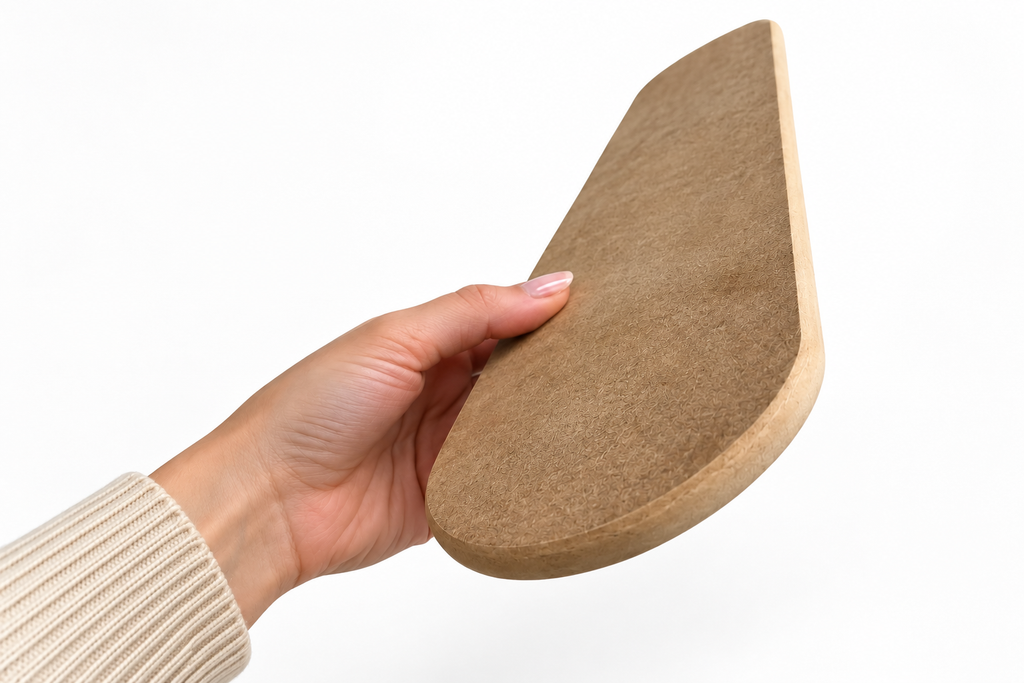A hand holding a curved, wedge-shaped brown felt or suede sample against a plain white background.