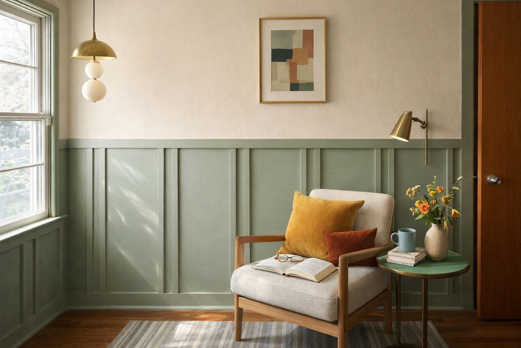 Decorative paintable polystyrene wall trim installed in a cozy living room  creating a sophisticated wall panel molding feature wall with a chair, table, and decor elements.