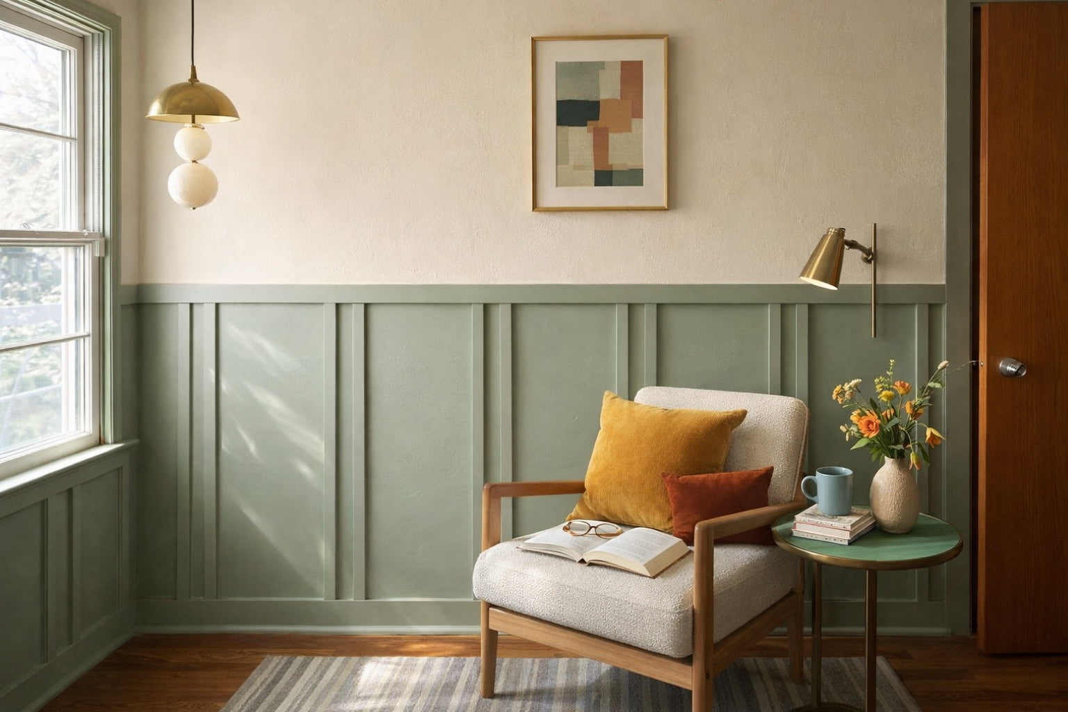 Decorative paintable polystyrene wall trim installed in a cozy living room  creating a sophisticated wall panel molding feature wall with a chair, table, and decor elements.