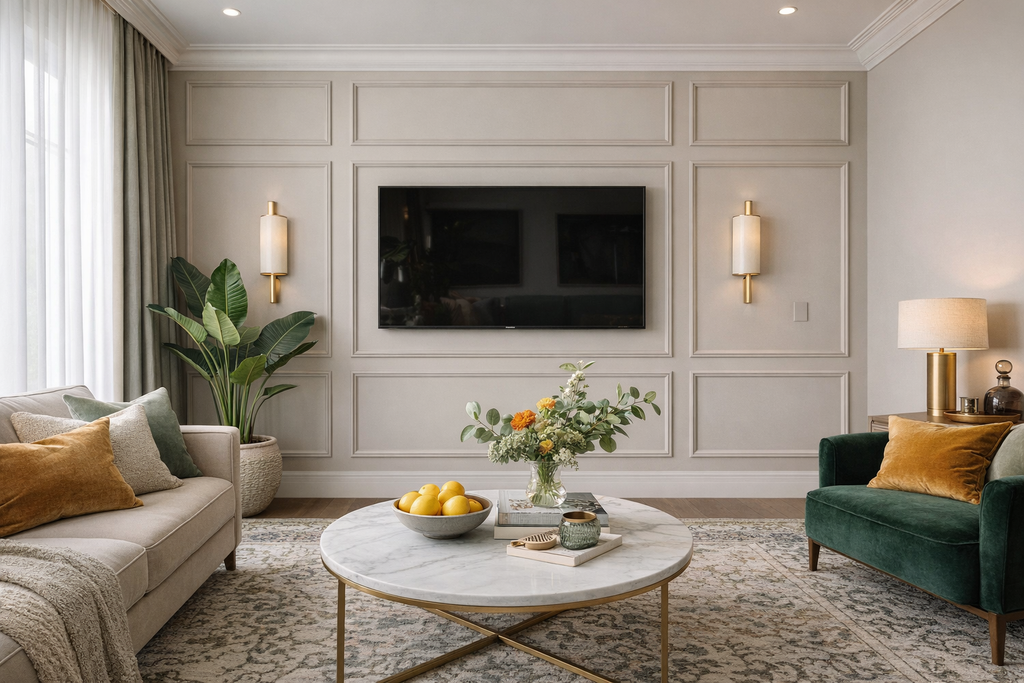 Modern living room with a television, sofa, coffee table, and decorative peel-and-stick wall-molding.
