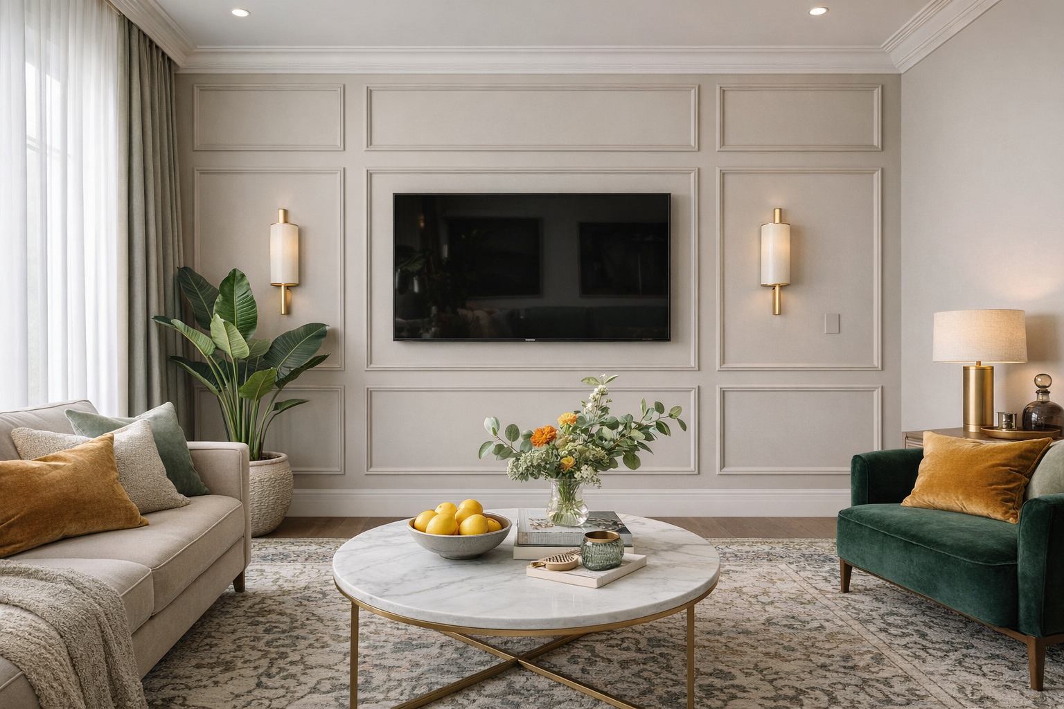 Modern living room with a television, sofa, coffee table, and decorative peel-and-stick wall-molding.