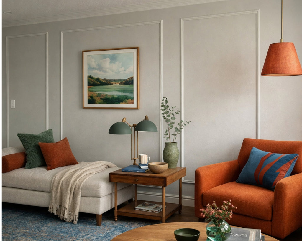peel and stick wall molding trim creating decorative living room wall panel design- Living room with orange armchair, white sofa, and decorative elements.