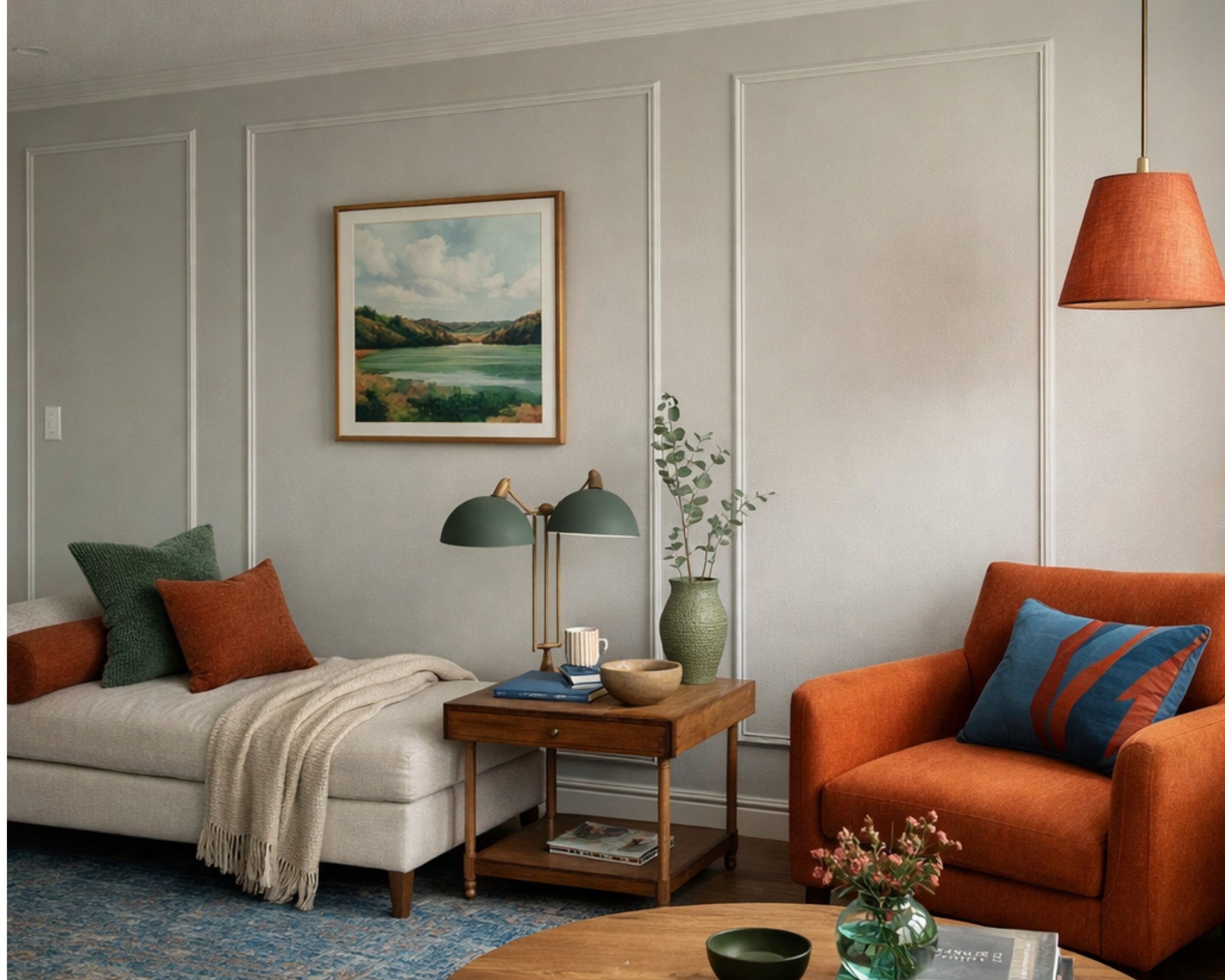 peel and stick wall molding trim creating decorative living room wall panel design- Living room with orange armchair, white sofa, and decorative elements.
