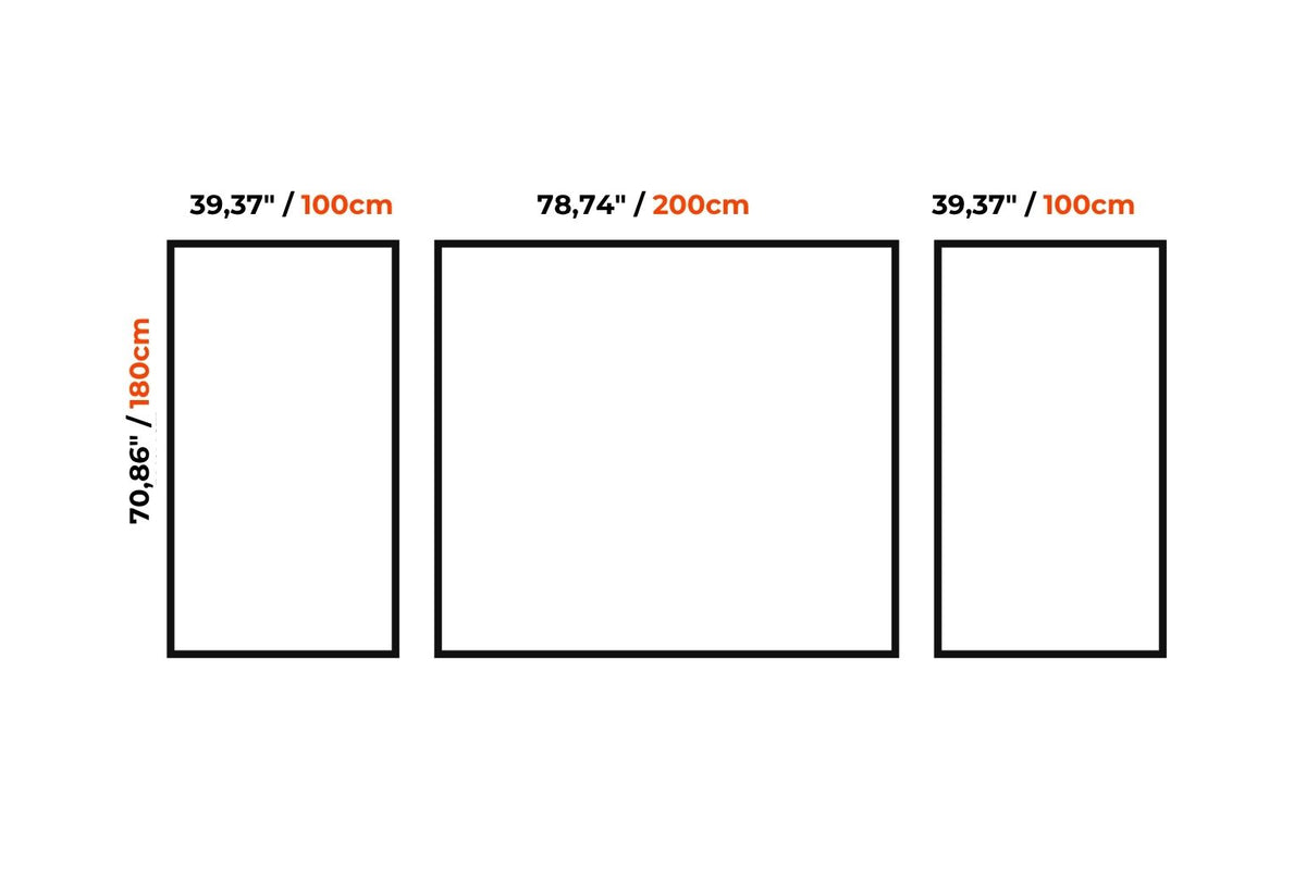 Three rectangular panel size diagrams on a white background, labeled with dimensions in centimeters and inches: 70,86" / 180cm by 39,37" / 100cm, and 78,74" / 200cm by 39,37" / 100cm.