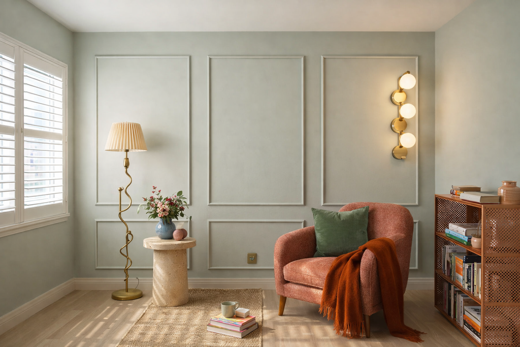 Cozy living room with picture frame wall molding, a pink armchair, a lamp, and a bookshelf.