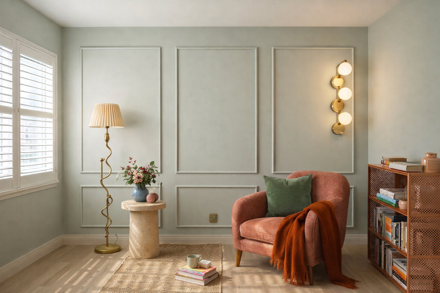 Cozy living room with picture frame wall molding, a pink armchair, a lamp, and a bookshelf.