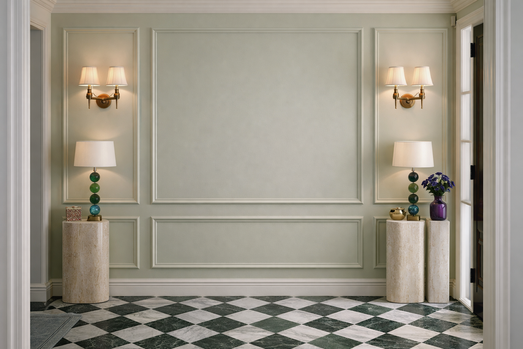 Decorative wall paneling with sconces and lamps in a room with checkered floor.
