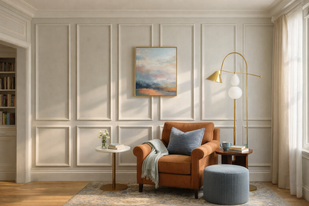 Accent wall panel design- cozy living room with a brown armchair, ottoman, and decorative items.
