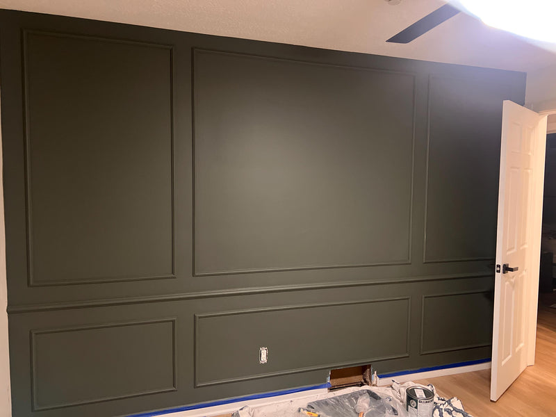 DIY picture frame wall molding panel design completed in modern living room-Dark green paneled wall with a white door open in a room.