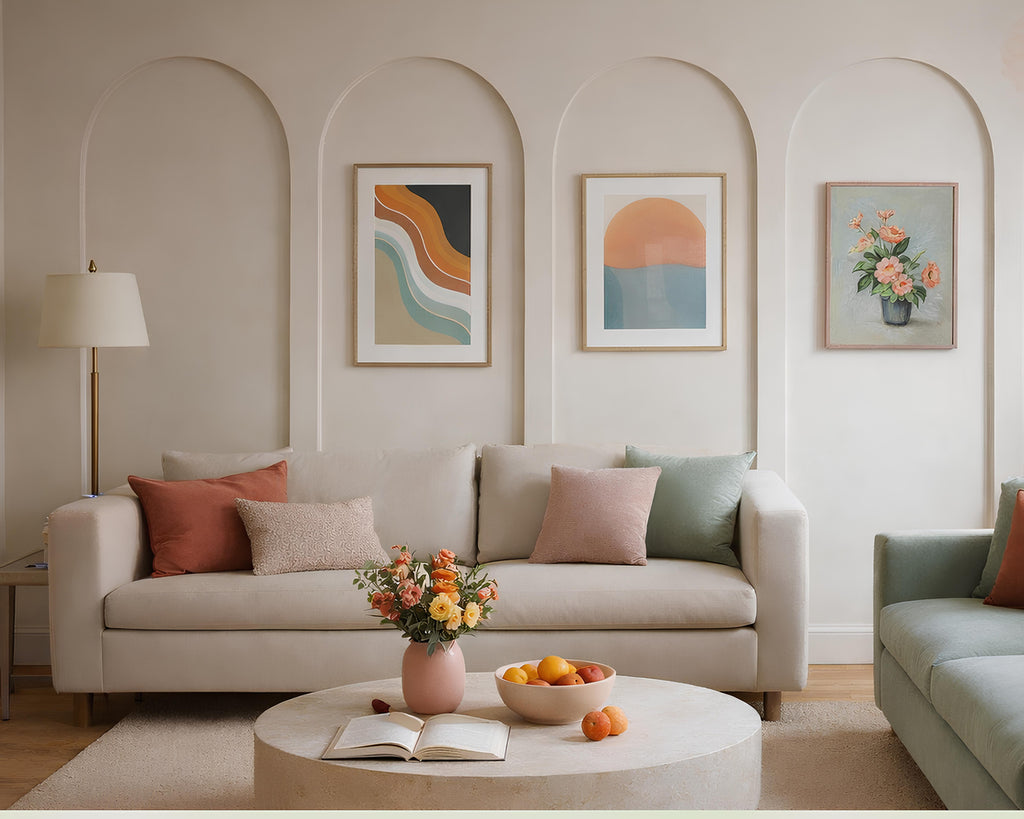 pre cut MDF arch wall molding pieces for DIY wall panel installation-Living room with a beige sofa, decorative pillows, and a coffee table with fruit and a book.