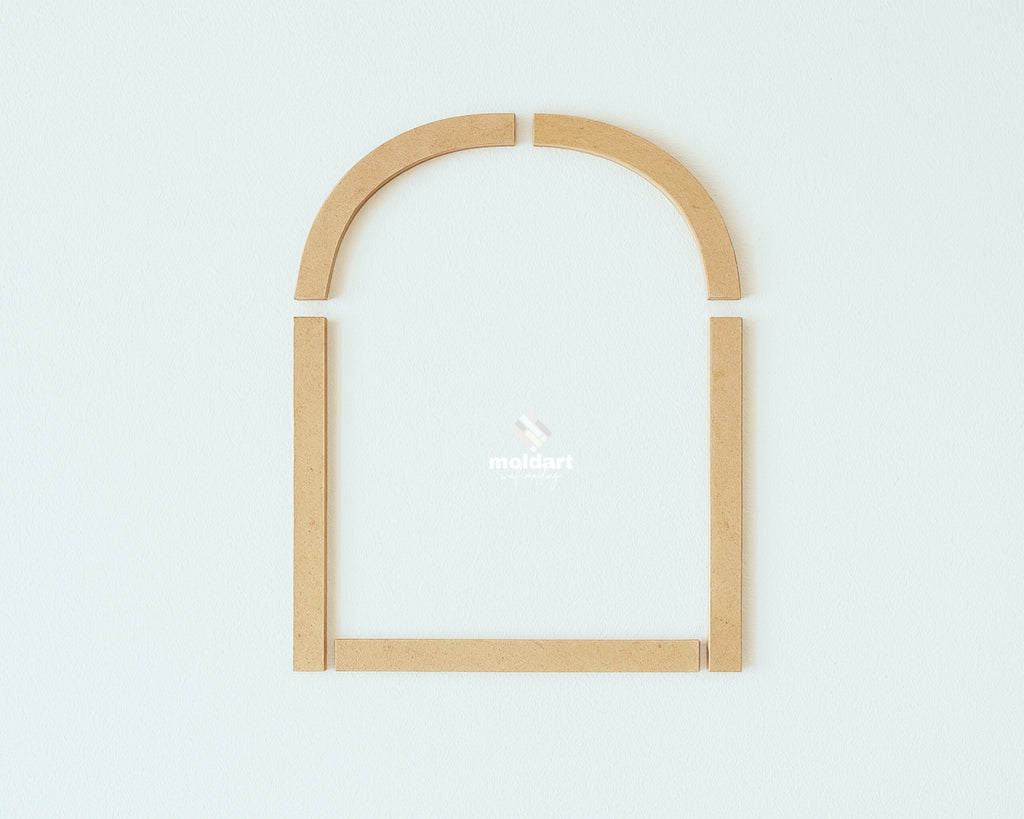 pre cut MDF wall molding pieces arranged on wall to show installation layout and arch panel design