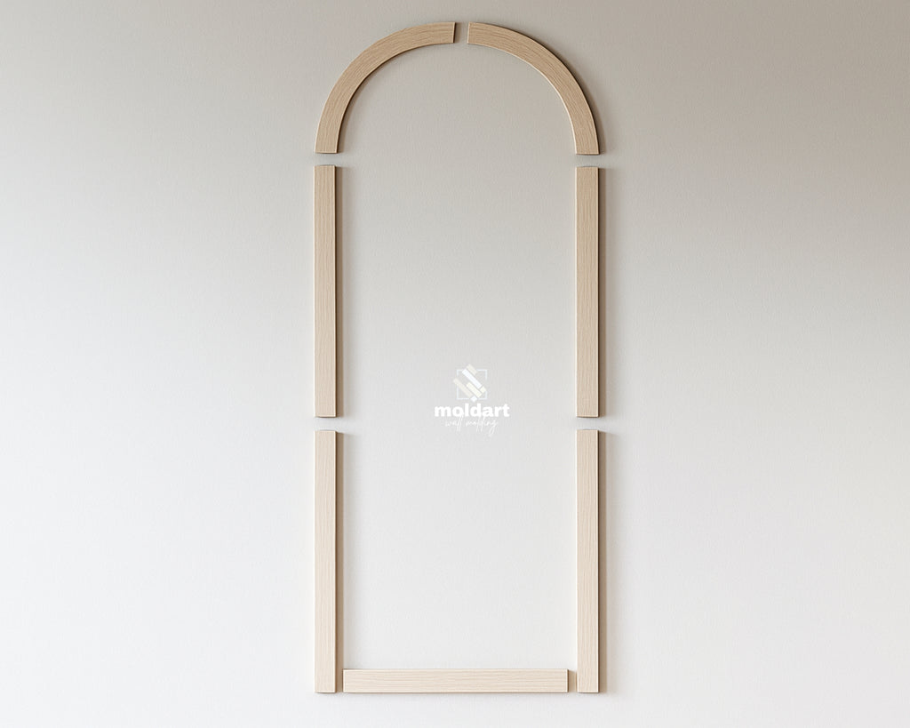 pre cut MDF wall molding pieces arranged on wall to show installation layout and arch panel design