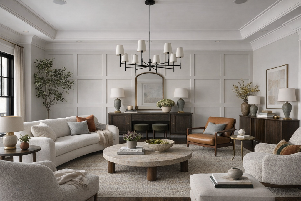 pre cut board and batten wall trim creating decorative accent wall panels for modern living room with gray walls, white furniture, and decorative elements.