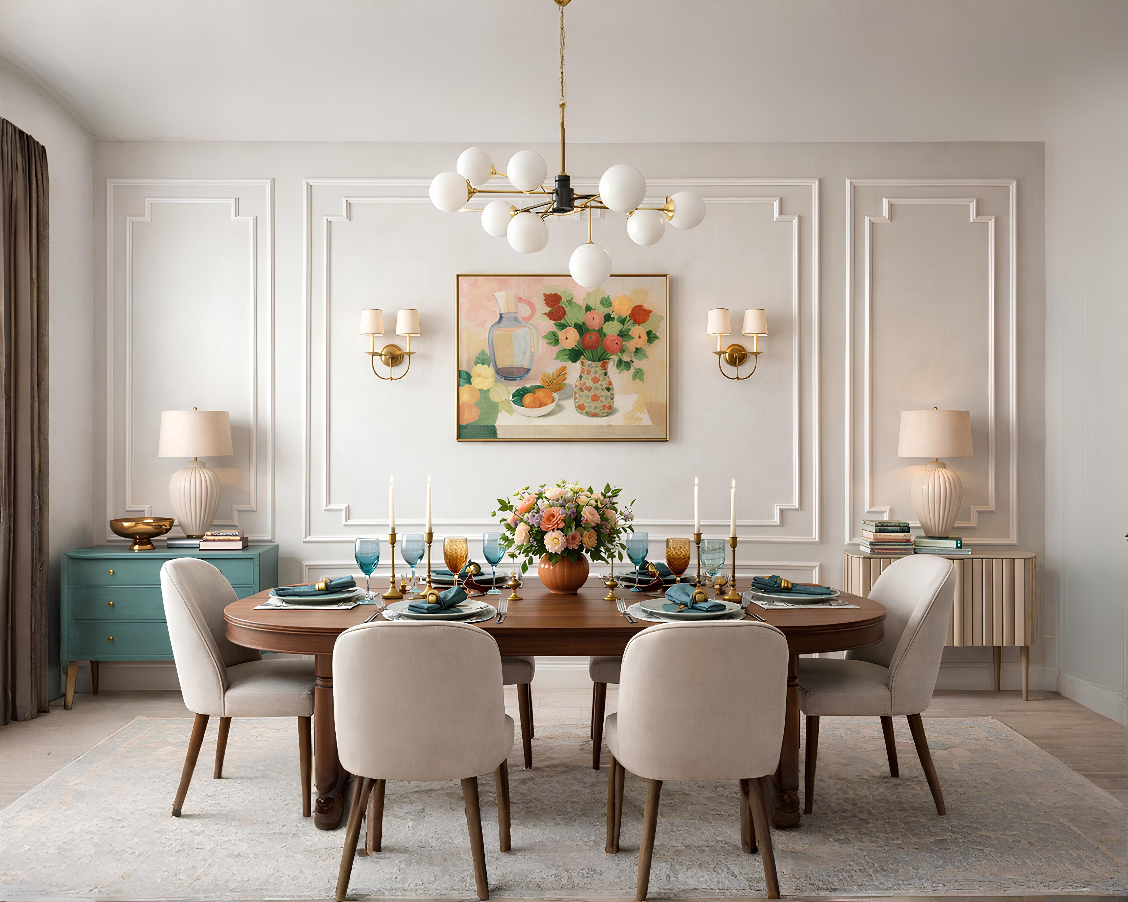 pre cut peel and stick wall molding trim installed as decorative dining room accent wall- Dining room with a wooden table set for dinner, chairs, and decorative elements.