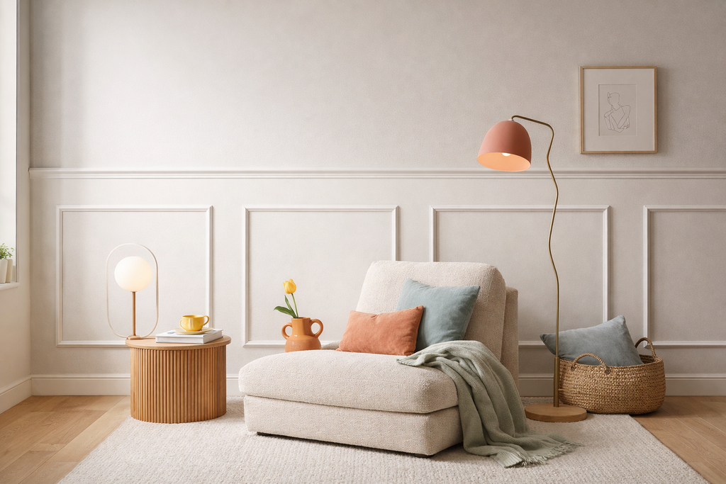 modern wall trim frame kit decorative half of wall molding panel interior accent wall-Cozy living room with a beige armchair, pink floor lamp, and decorative items.