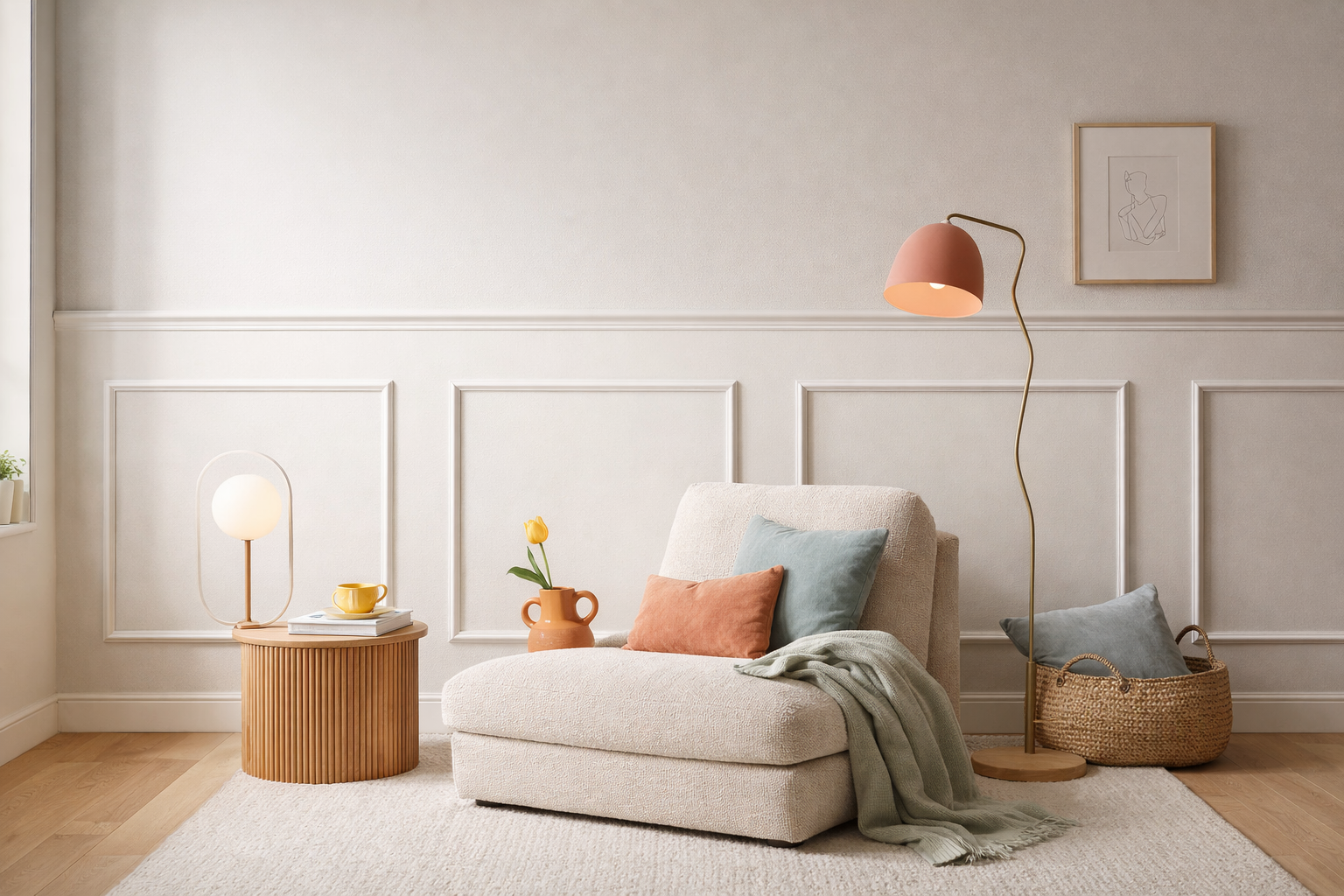 modern wall trim frame kit decorative half of wall molding panel interior accent wall-Cozy living room with a beige armchair, pink floor lamp, and decorative items.