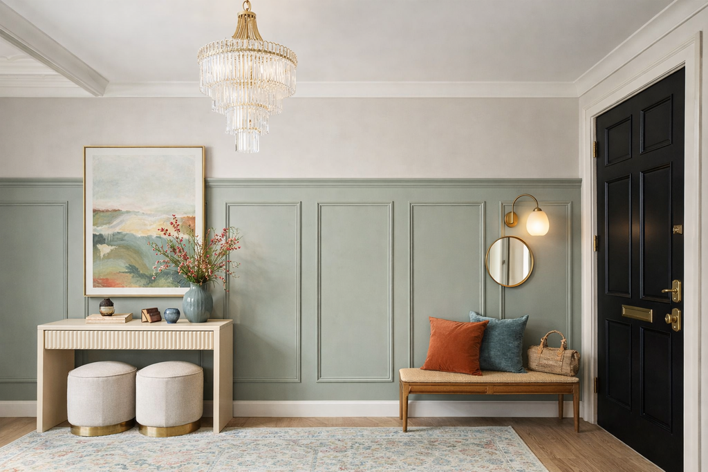 Minimalist wall panel molding design for living room and hallway interiors-Elegant interior with green paneled walls, a black door, and decorative elements.