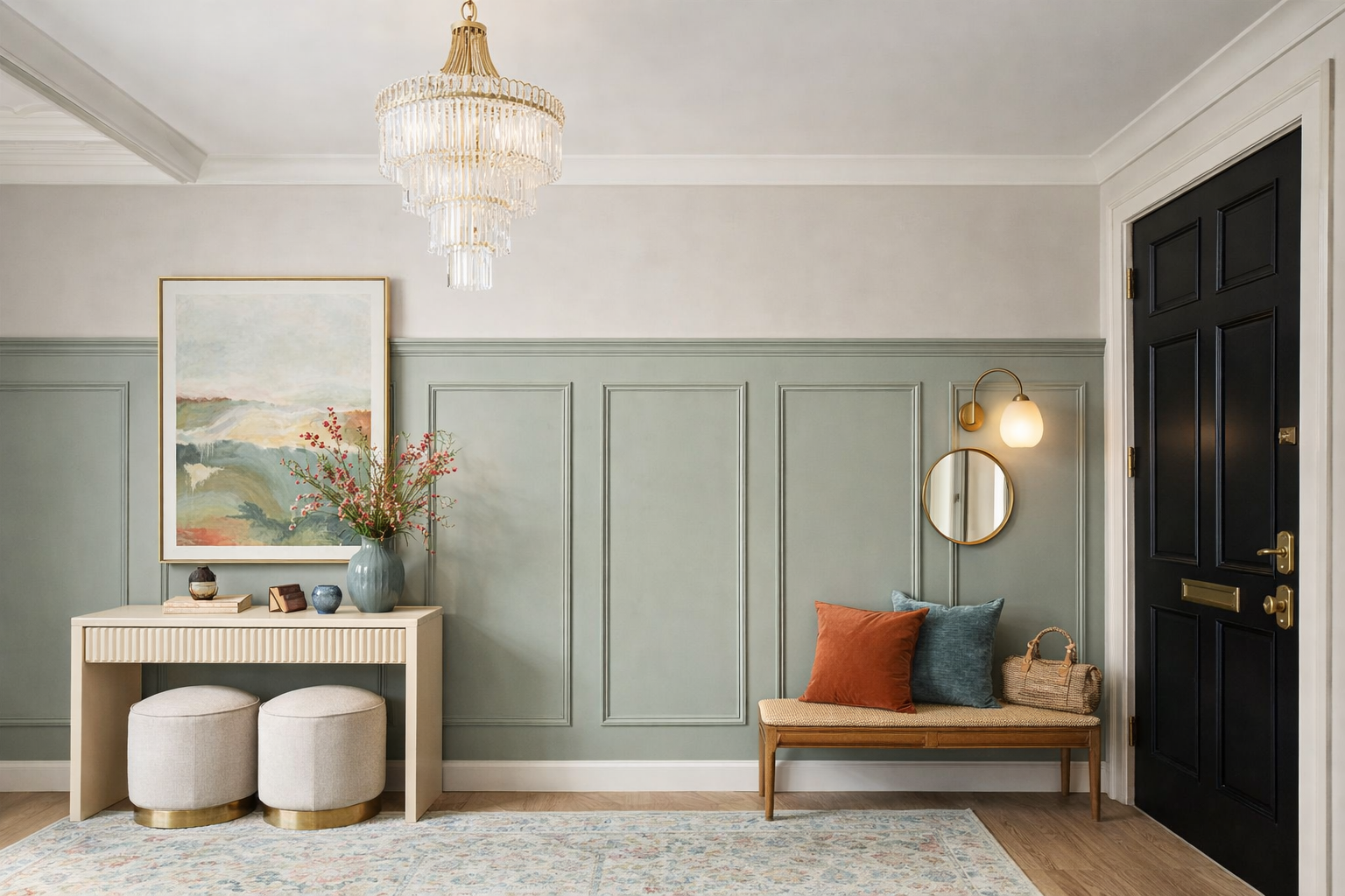Minimalist wall panel molding design for living room and hallway interiors-Elegant interior with green paneled walls, a black door, and decorative elements.