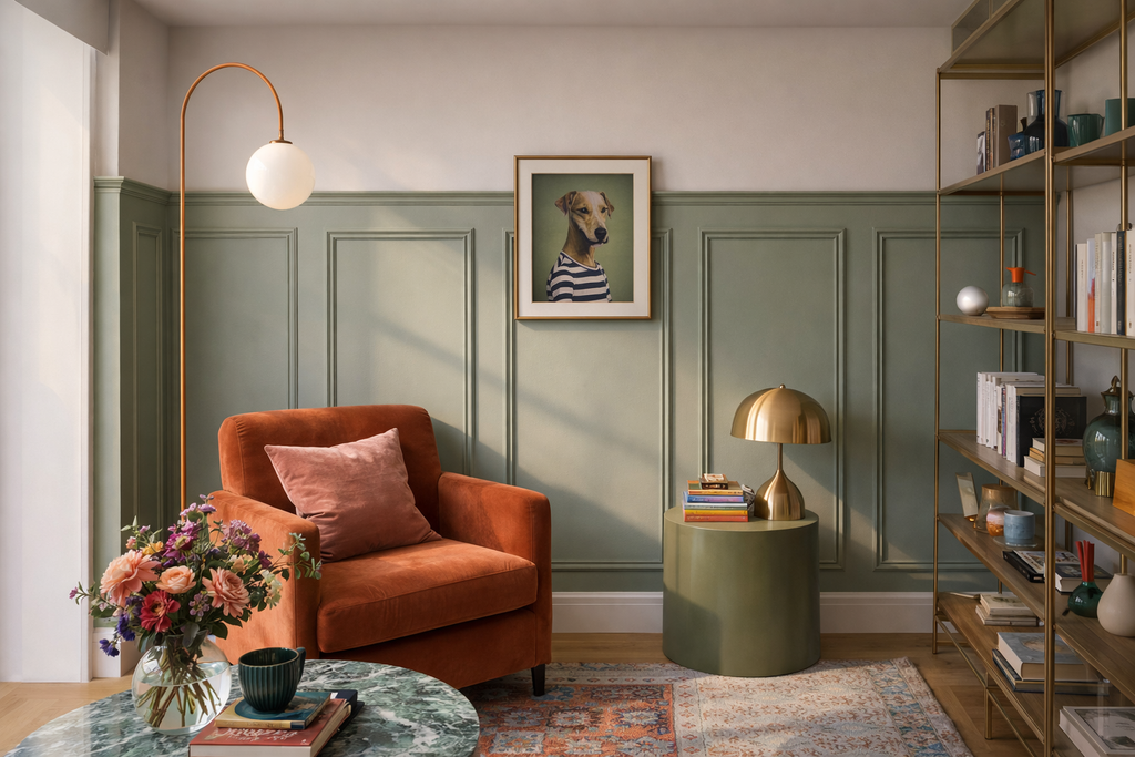 Modern chair rail and frame molding layout for elegant wall decoration-Living room with an orange armchair, green walls, and decorative elements.