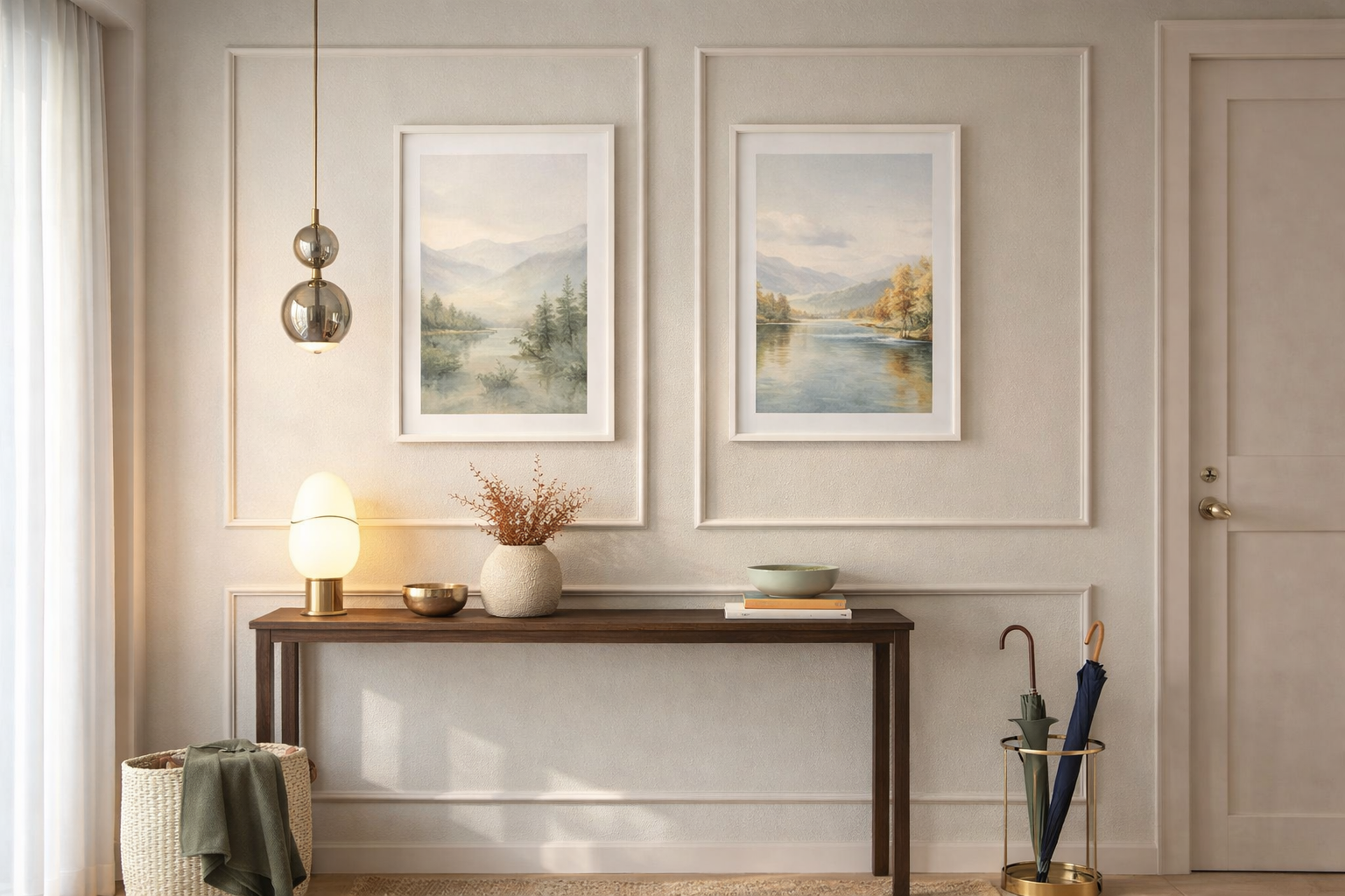 Decorative interior with framed artworks, a console table, and decorative items.