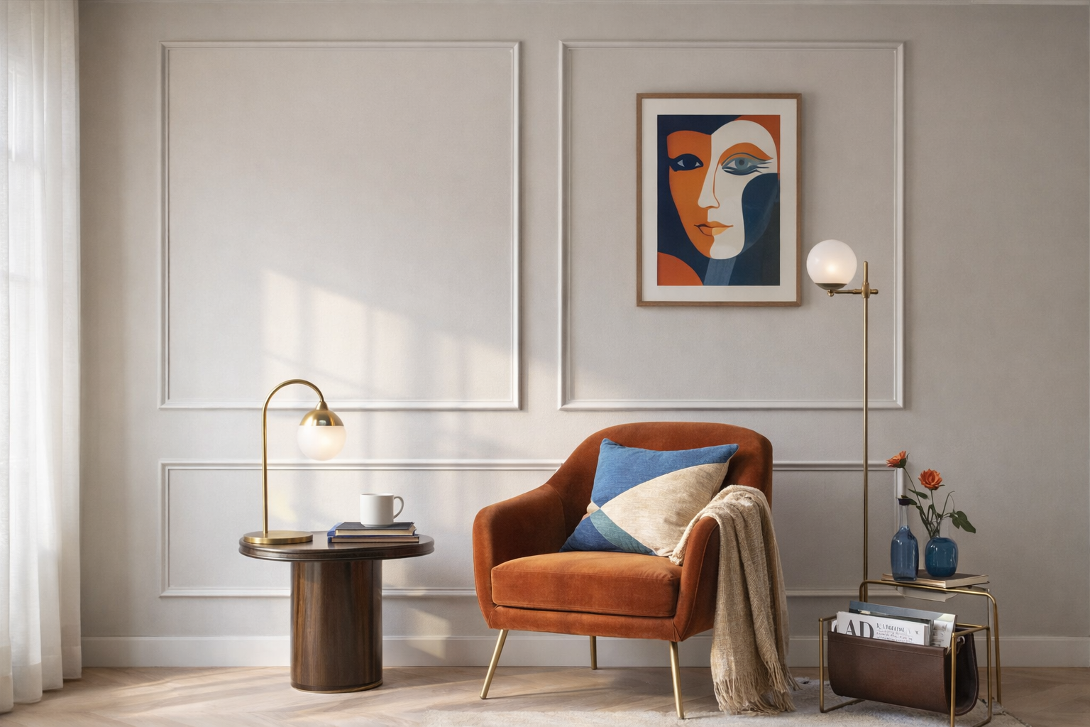 Modern living room with decorative wall molding- a brown armchair, side table, and abstract art on the wall. 