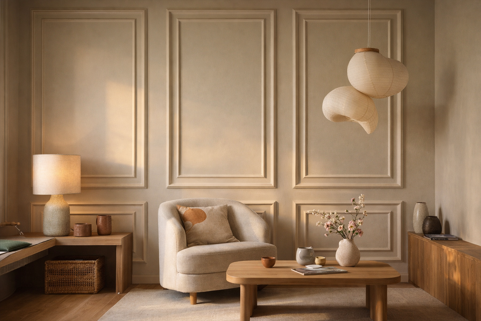 Modern living room with beige armchair, wooden coffee table, and decorative wall molding kit.
